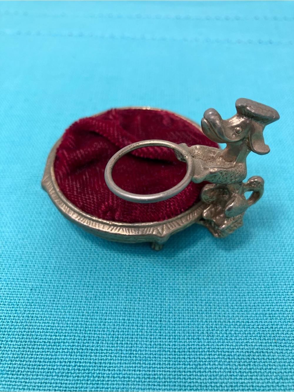 Vintage French Poodle Dog Red Velvet Pin Cushion + Thimble Basket Trinket Tray
